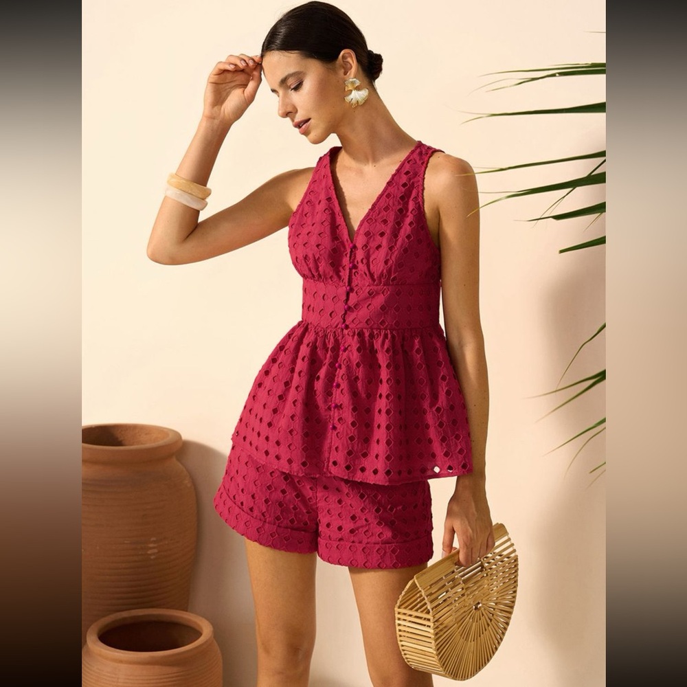 Commense Women's High Waist Eyelet Shorts Set in Berry